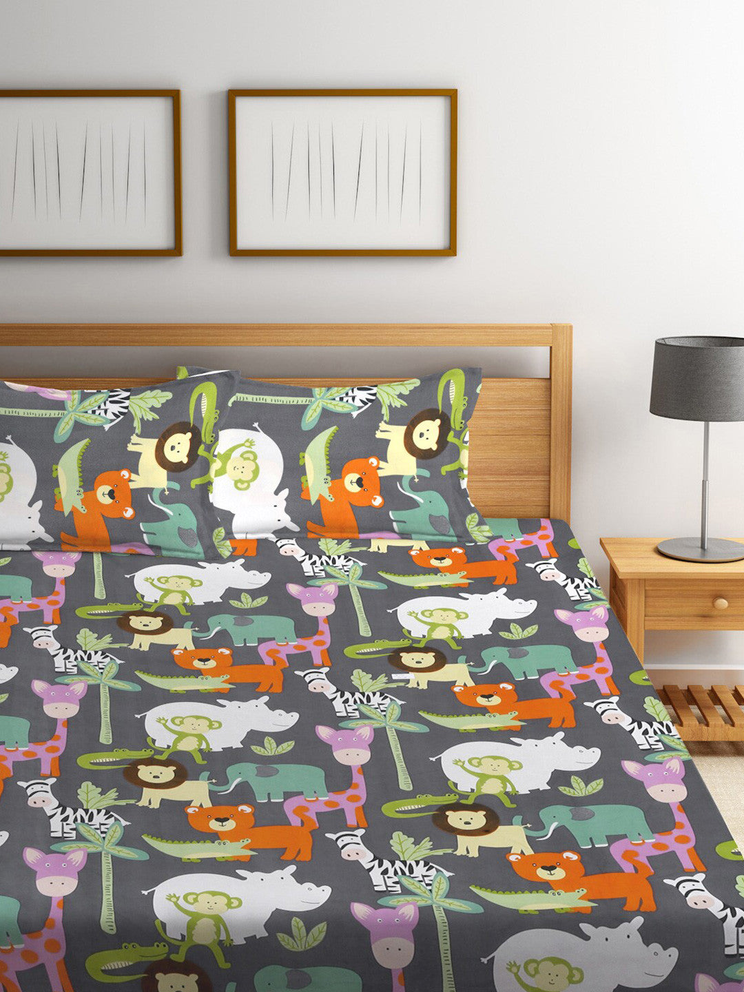 Rangloom Fabrics Grey Conversational Polycotton 300 TC King Fine Bedsheet with 2 Pillow Covers