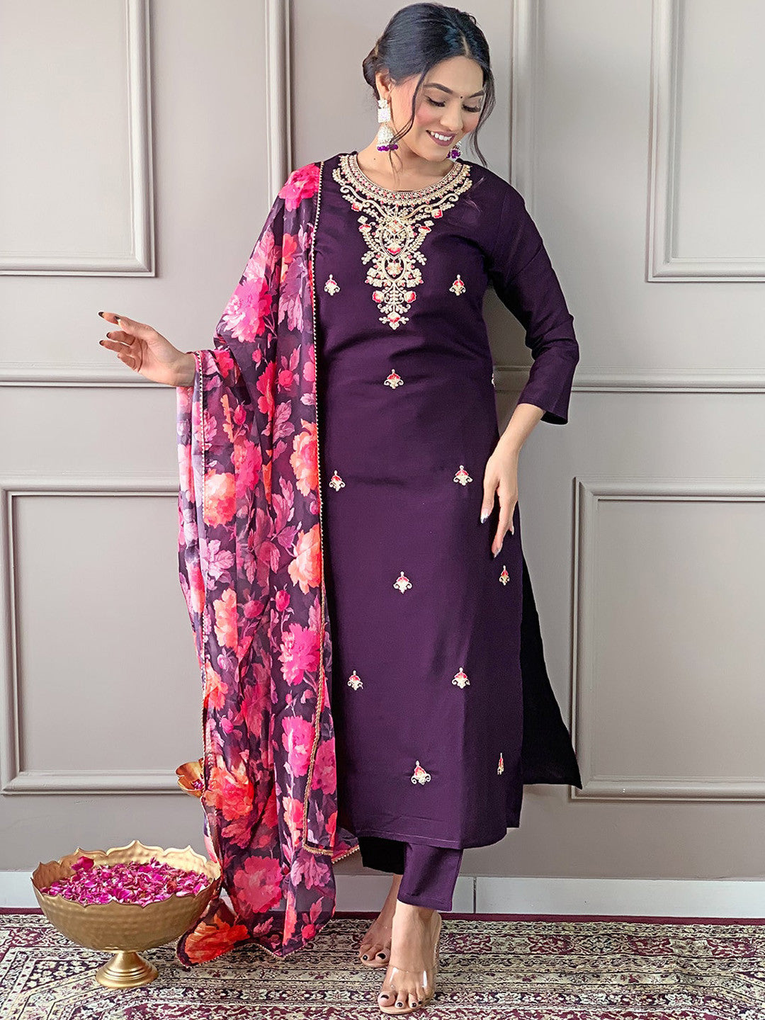 Rani Raiment Turquoise Blue Floral Embroidered Regular Thread Work With Trousers & Dupatta