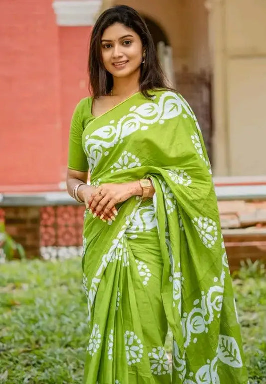Jaipuri Bagru Block Prints Mulmul Cotton Saree with Unstitched Blouse