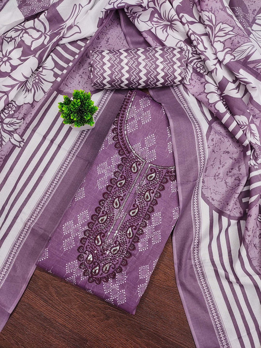 Rani Raiment Embroidered Pure Cotton Sequinned Unstitched Dress Material