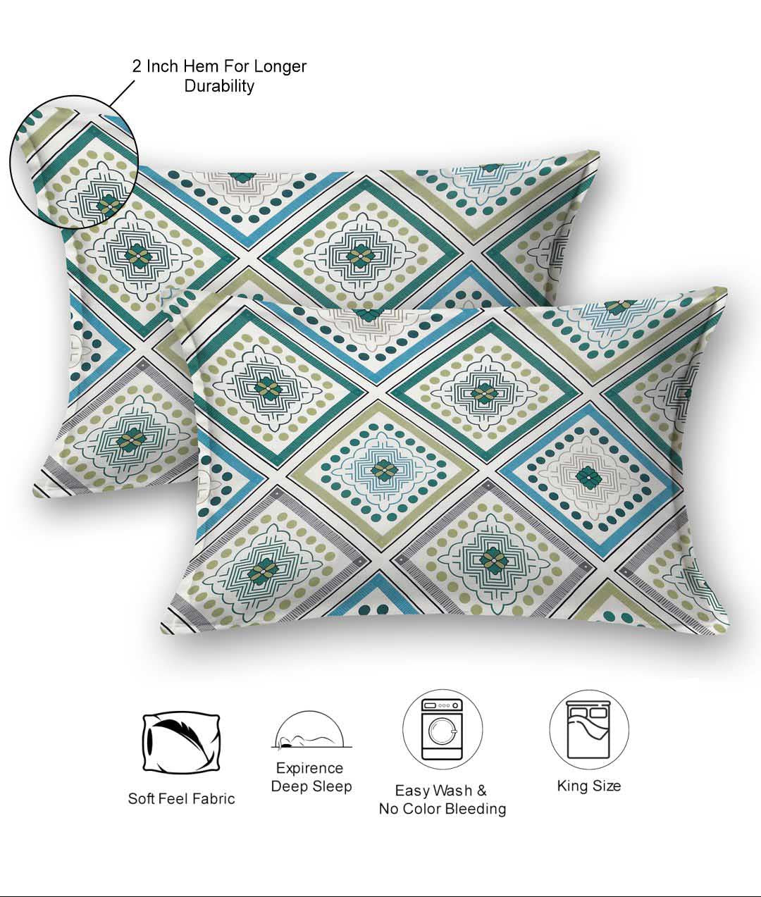 Rangloom Fabrics Double Glazed Green Ethnic Motifs Cotton 220 TC Queen Fine Bedsheet with 2 Pillow Covers