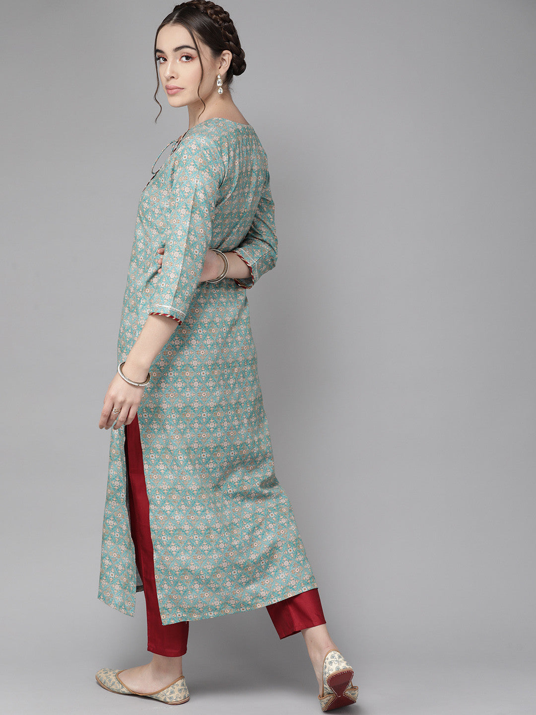 Rani Raiment Varanga Teal Blue Ethnic Motif Yoke Embroidered Print Kurta
