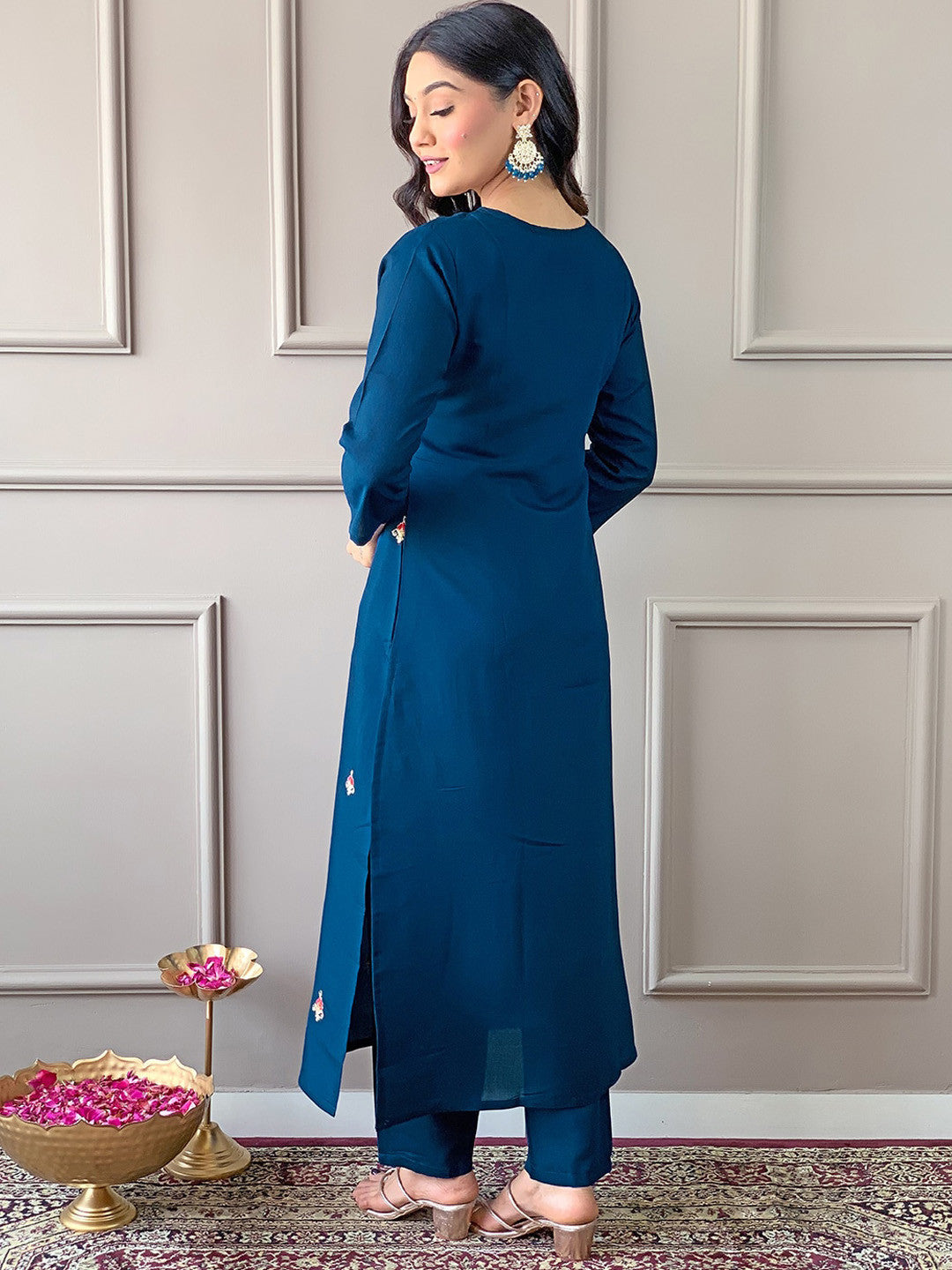 Rani Raiment Turquoise Blue Floral Embroidered Regular Thread Work With Trousers & Dupatta