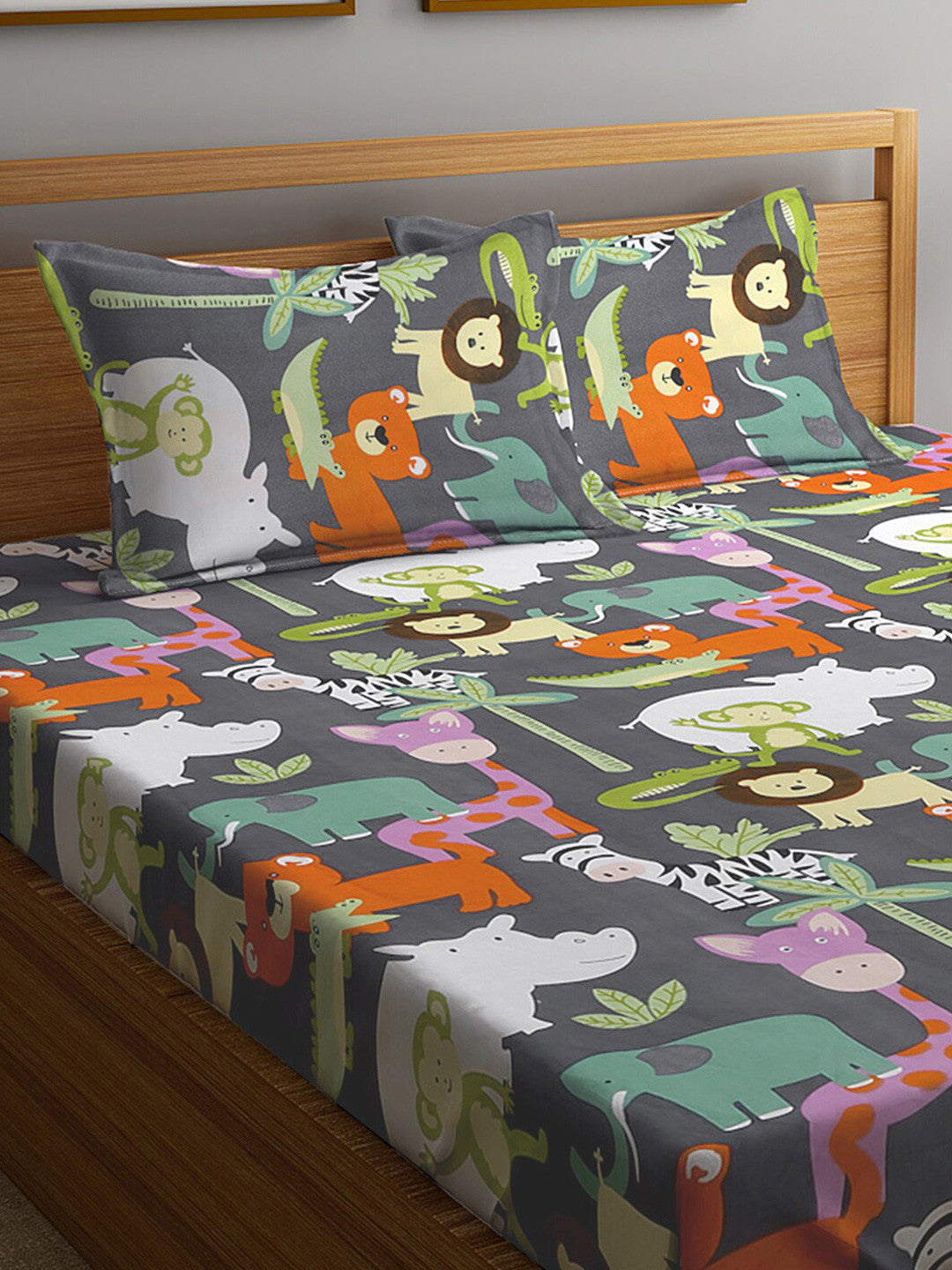 Rangloom Fabrics Grey Conversational Polycotton 300 TC King Fine Bedsheet with 2 Pillow Covers