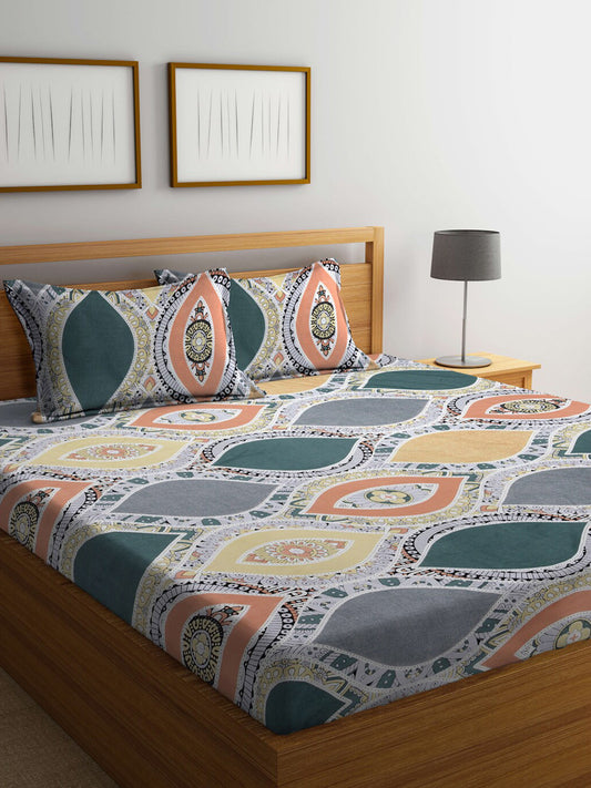 Rangloom Fabrics Green Ethnic Motifs Cotton 300 TC King Fine Bedsheet with 2 Pillow Covers