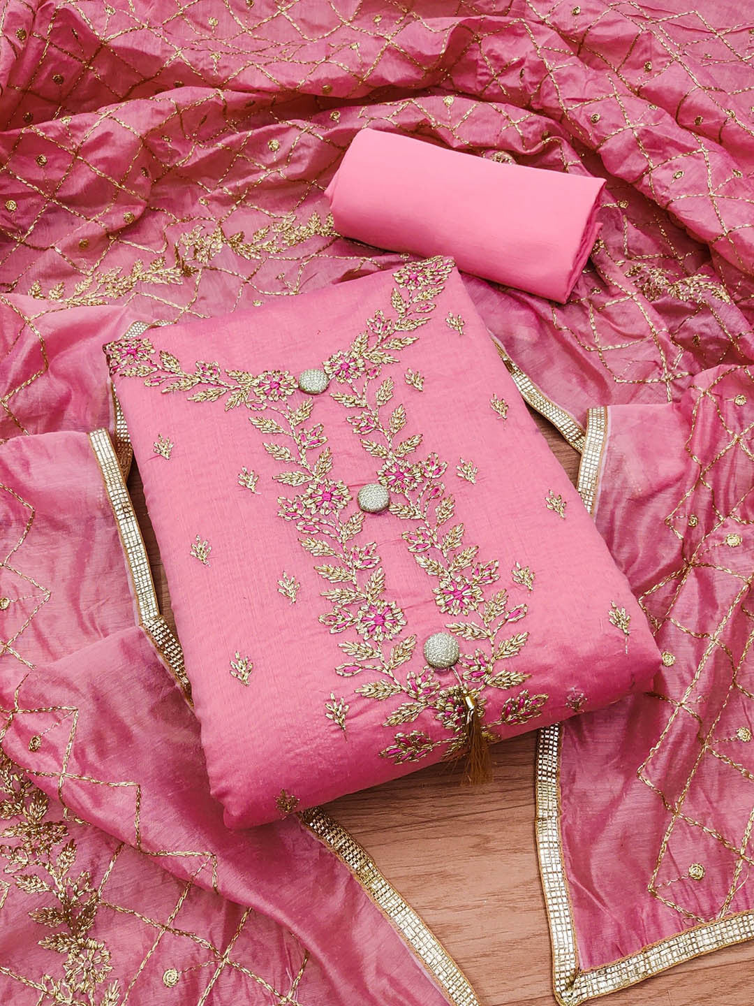 Rani Raiment Floral Embroidered Thread Work Chanderi Silk Unstitched Dress Material