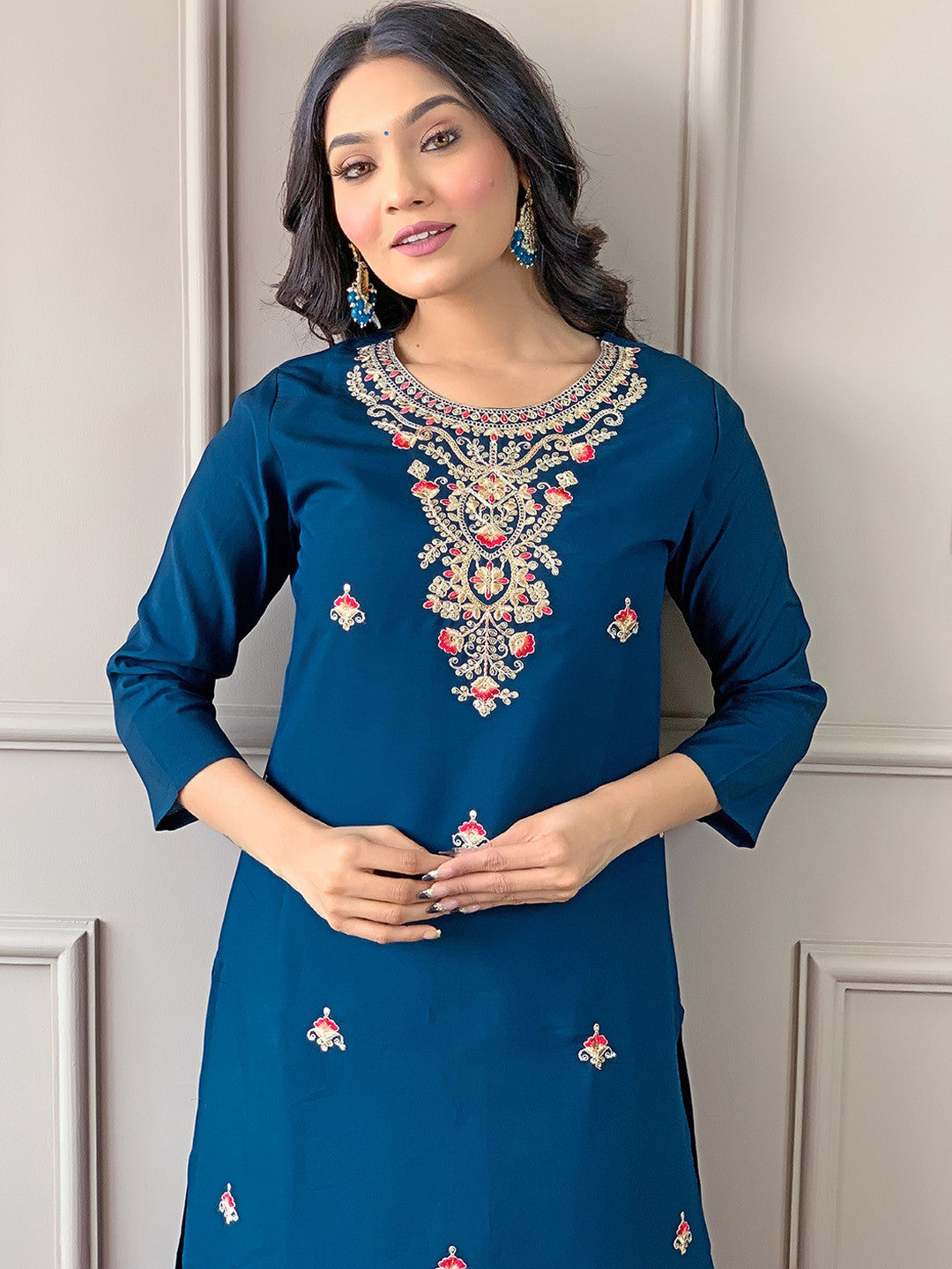 Rani Raiment Turquoise Blue Floral Embroidered Regular Thread Work With Trousers & Dupatta