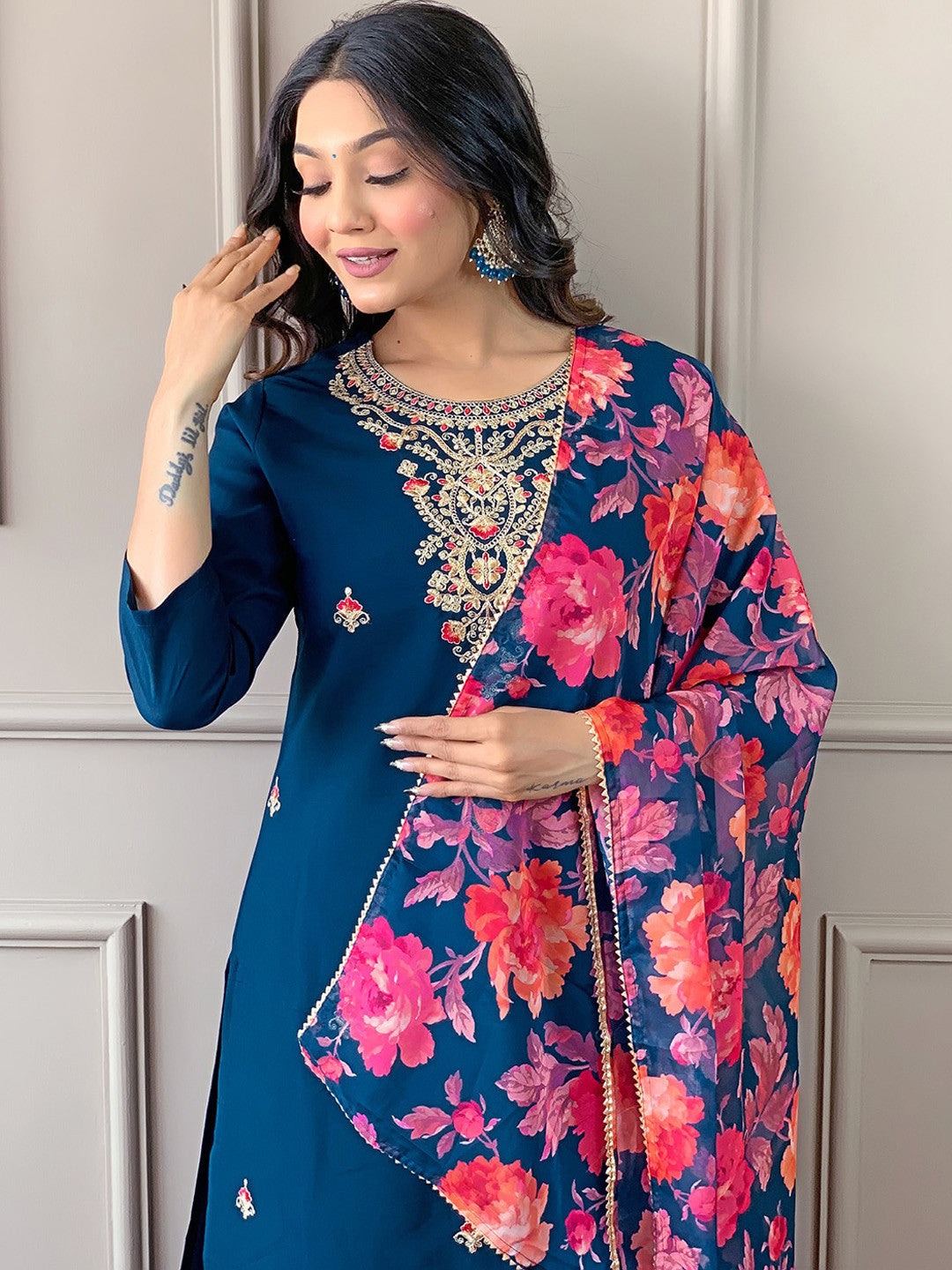 Rani Raiment Turquoise Blue Floral Embroidered Regular Thread Work With Trousers & Dupatta