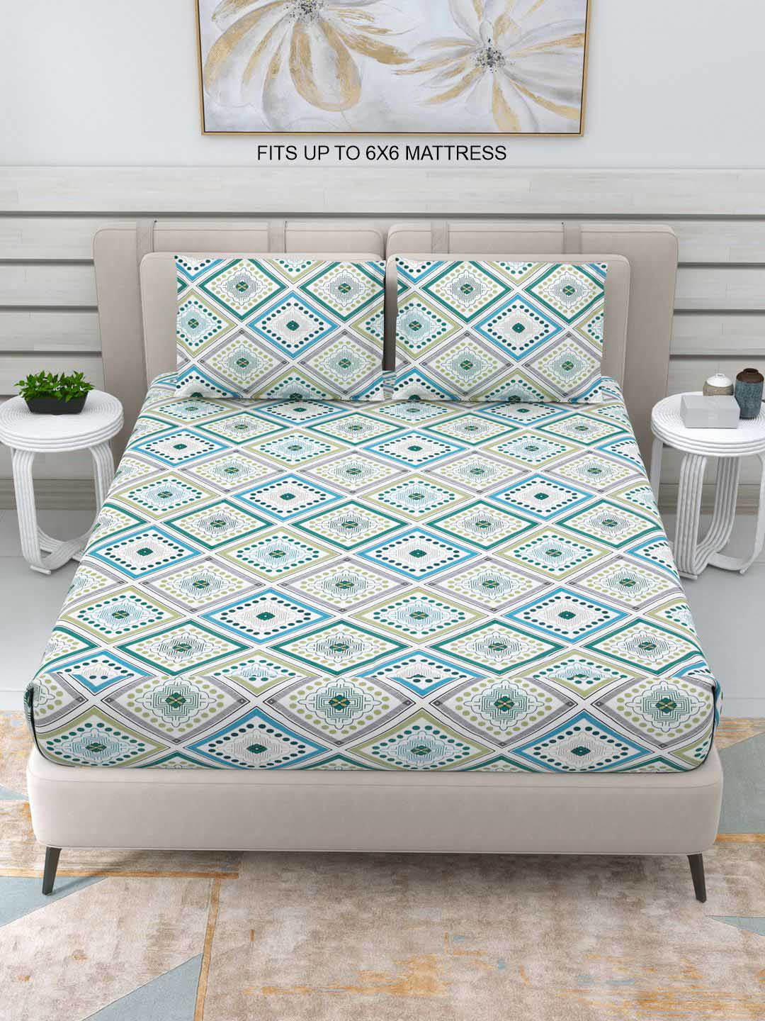 Rangloom Fabrics Double Glazed Green Ethnic Motifs Cotton 220 TC Queen Fine Bedsheet with 2 Pillow Covers
