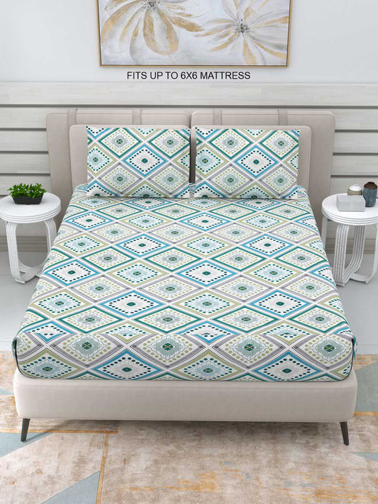 Rangloom Fabrics Double Glazed Green Ethnic Motifs Cotton 220 TC Queen Fine Bedsheet with 2 Pillow Covers