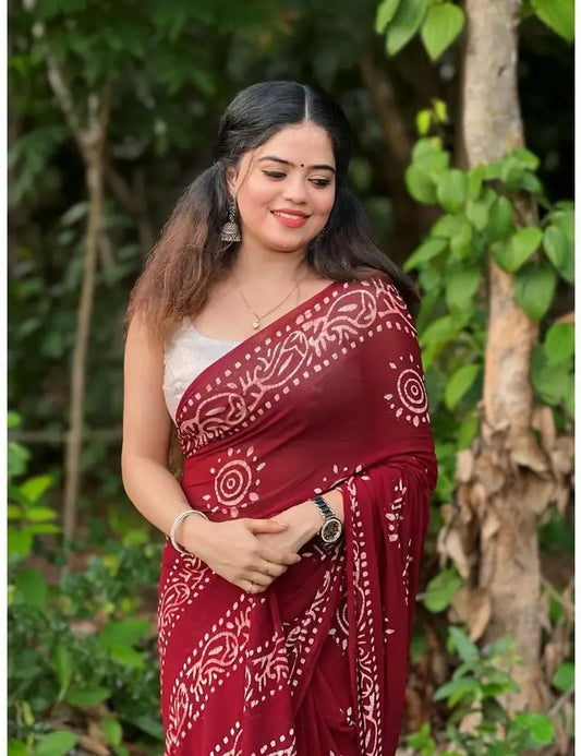 Mulmul Cotton Handblock Bagru Print Saree With Unstitched Blouse