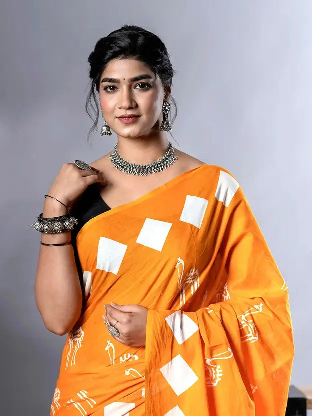 Jaipuri Hand Block Print Cotton Mulmul Saree with Blouse Piece