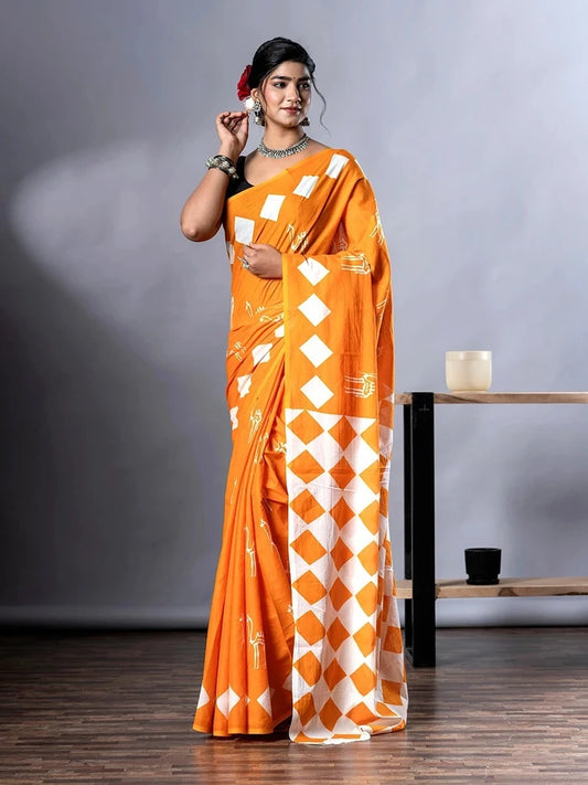 Jaipuri Hand Block Print Cotton Mulmul Saree with Blouse Piece
