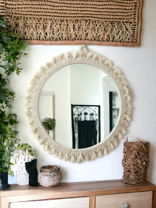 Round Decorative Wall Mirror with Macrame Frame – Boho Design (Off White)