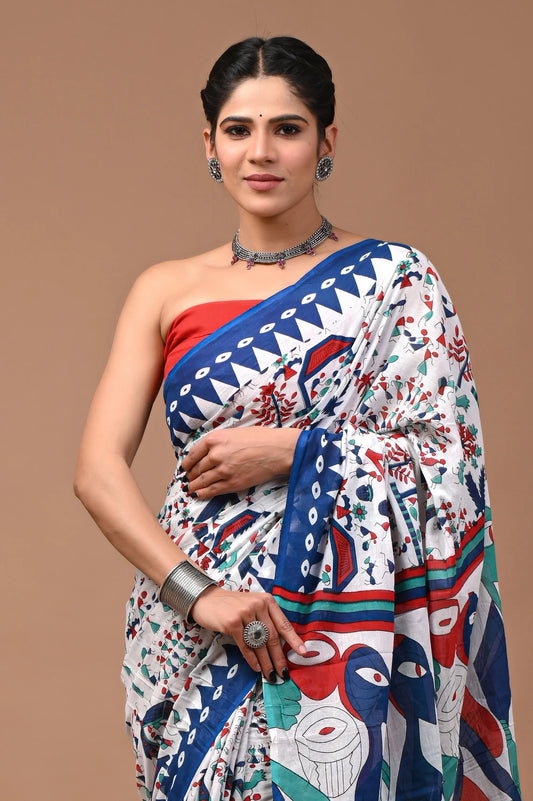 Warli Art Print Pure Mulmul Cotton Block Printed Saree