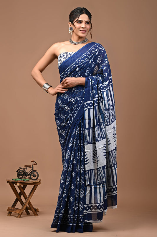 Ethnic Motifs Pure Soft Muslin Cotton Bagru Printed Saree