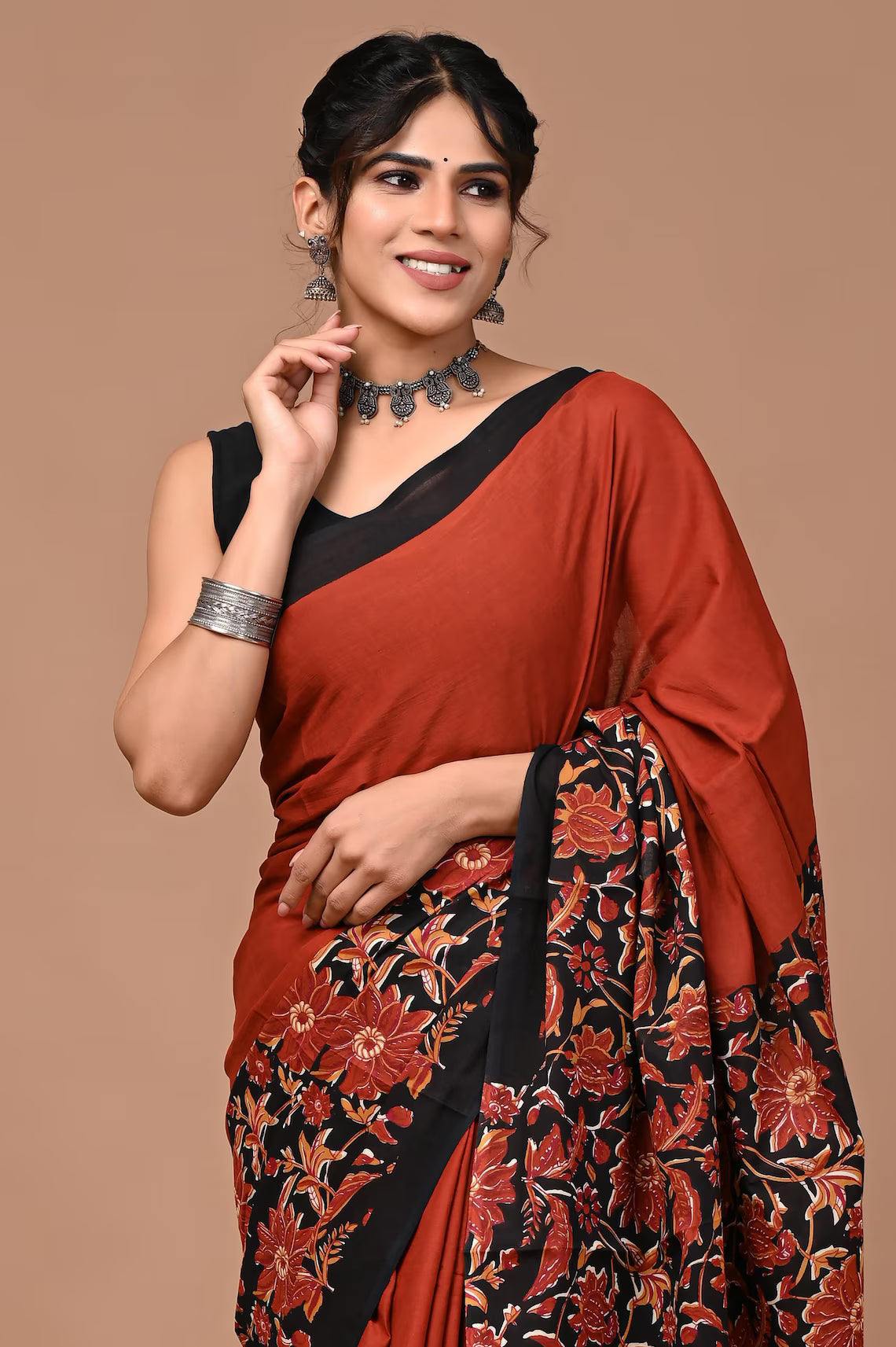 Floral Muslin Cotton Saree Bagru Hand Block Printed with unstitched Blouse