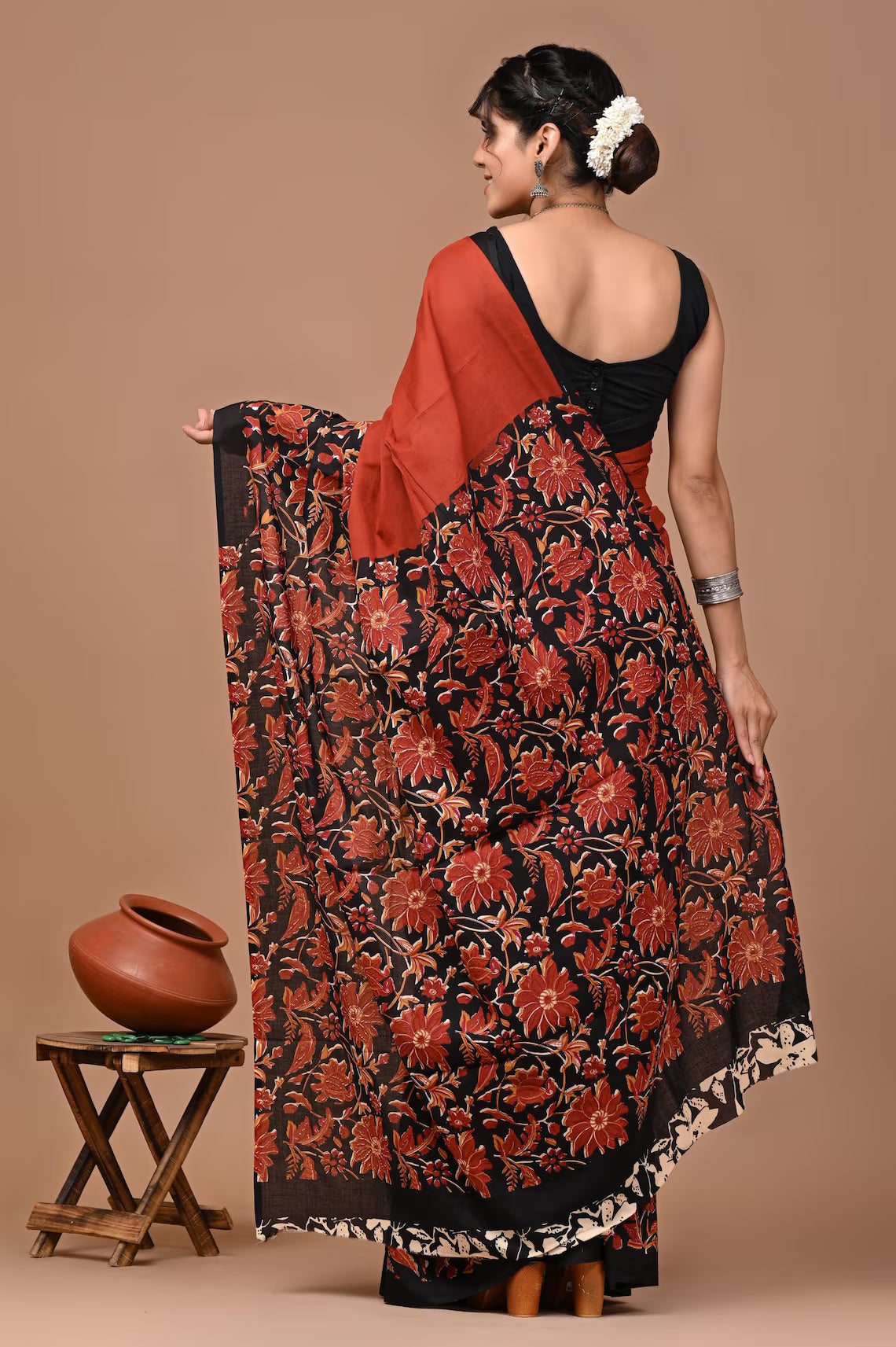 Floral Muslin Cotton Saree Bagru Hand Block Printed with unstitched Blouse