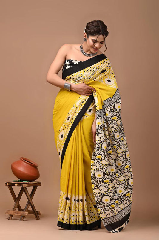 Kaali-Peeli Mulmul Cotton Hand block printed saree with Unstitched Blouse