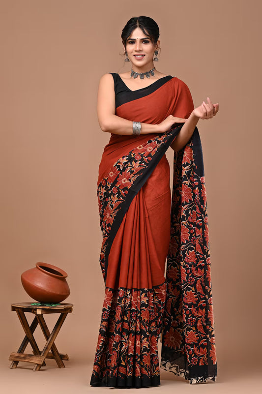 Floral Muslin Cotton Saree Bagru Hand Block Printed with unstitched Blouse