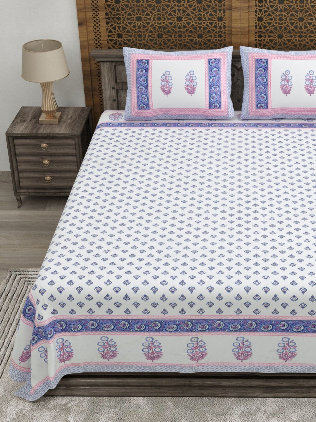 Rangloom Fabrics Blue Floral Pure Cotton 180 TC King Fine Bedsheet with 2 Pillow Covers-108 x 89 inches