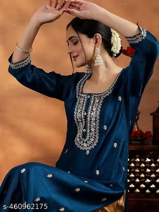 Rani Raiment Women Embroidered Silk Blend Straight Kurta