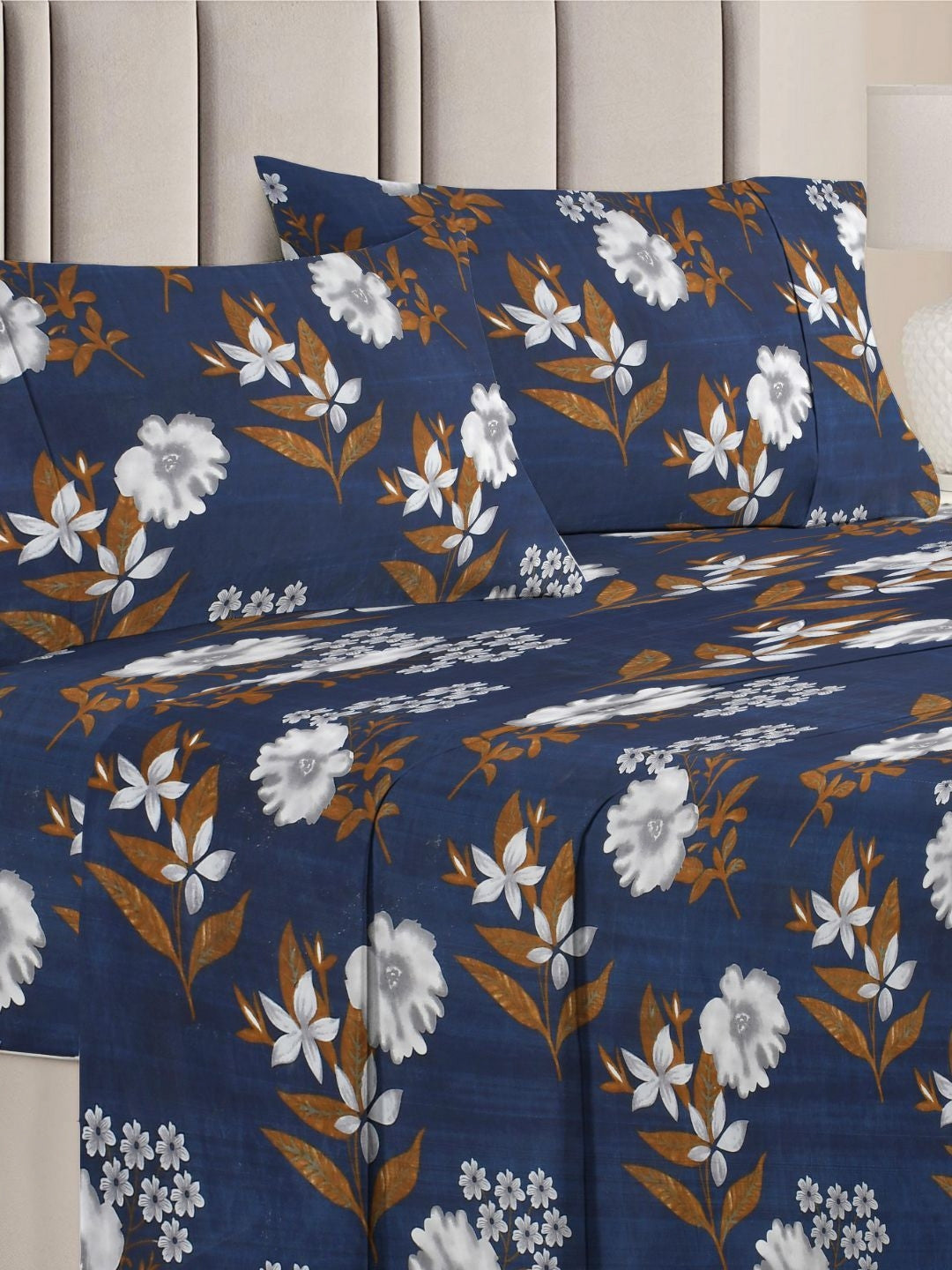 Rangloom Fabrics Premium Aspire Collection Navy Blue Floral Microfiber 144 TC Queen Bedsheet with 2 Pillow Covers