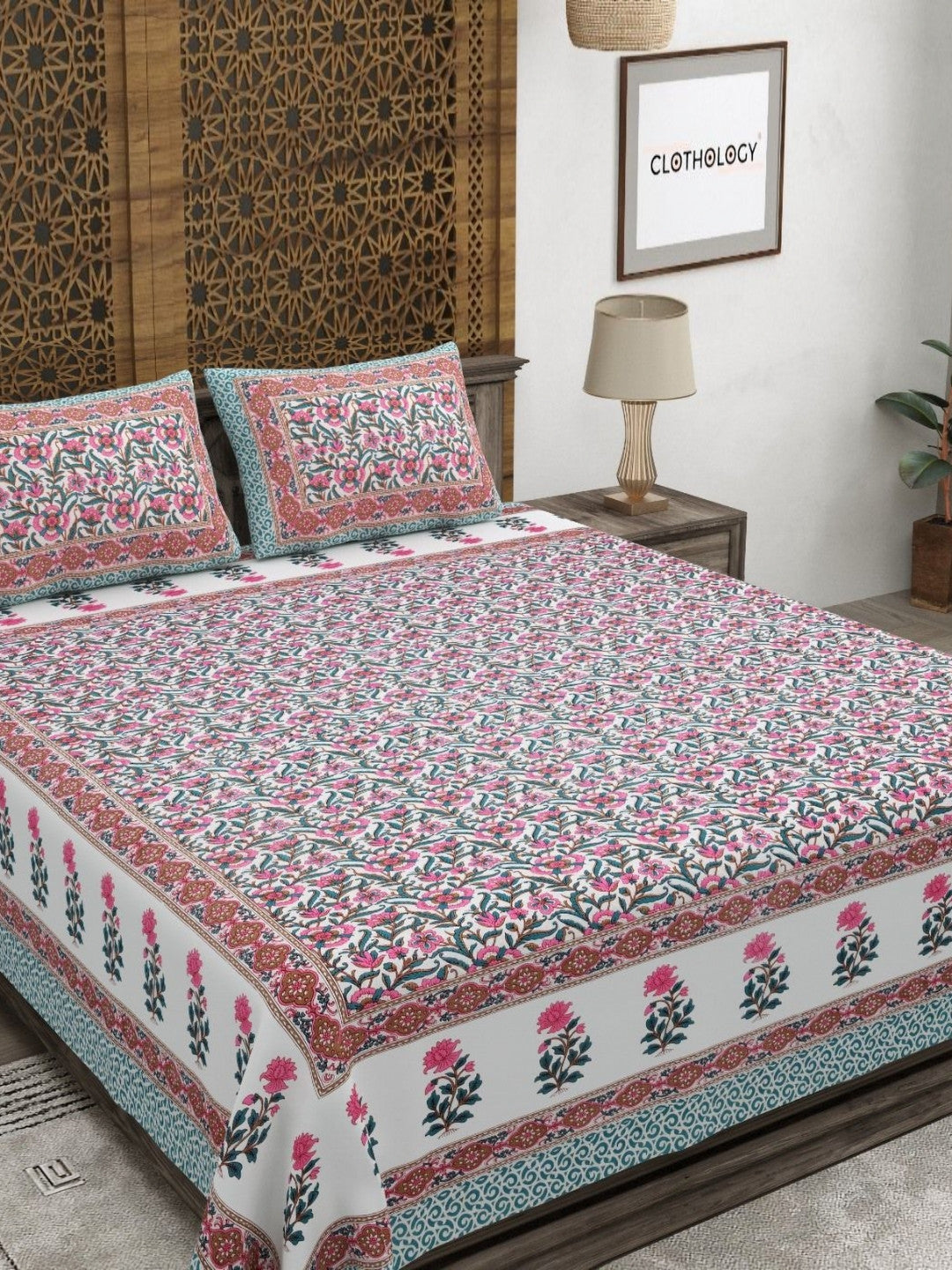 Rangloom Fabrics Green Floral Pure Cotton 180 TC King Fine Bedsheet with 2 Pillow Covers-275 x 225 cm