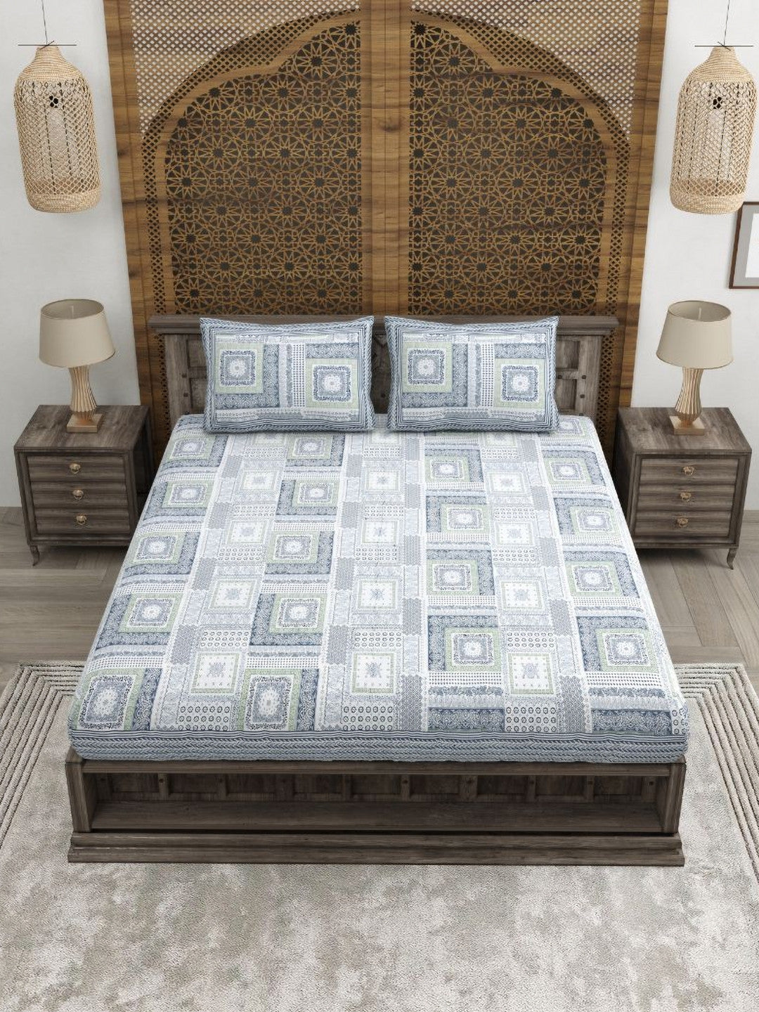 Rangloom Fabrics Grey Geometric Pure Cotton 180 TC King Fine Bedsheet with 2 Pillow Covers
