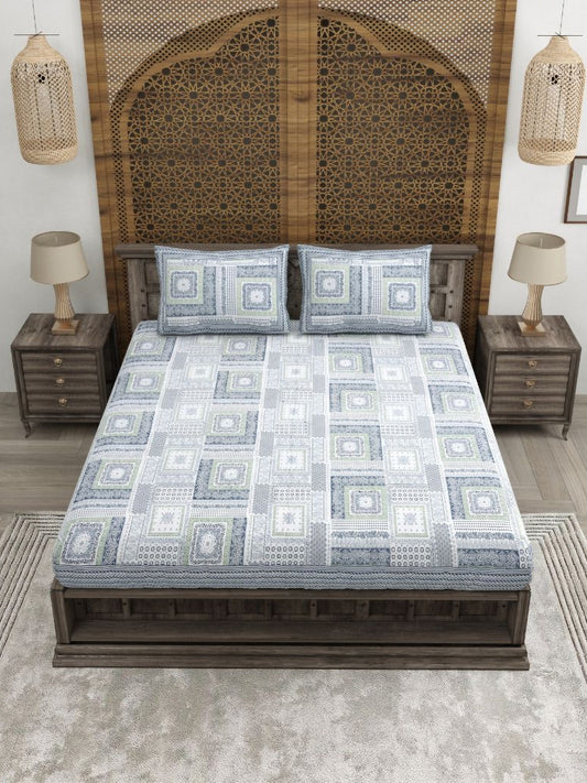 Rangloom Fabrics Grey Geometric Pure Cotton 180 TC King Fine Bedsheet with 2 Pillow Covers