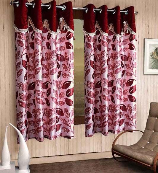 Maroon Fancy Valance Floral Printed Window Curtains Pack of 2