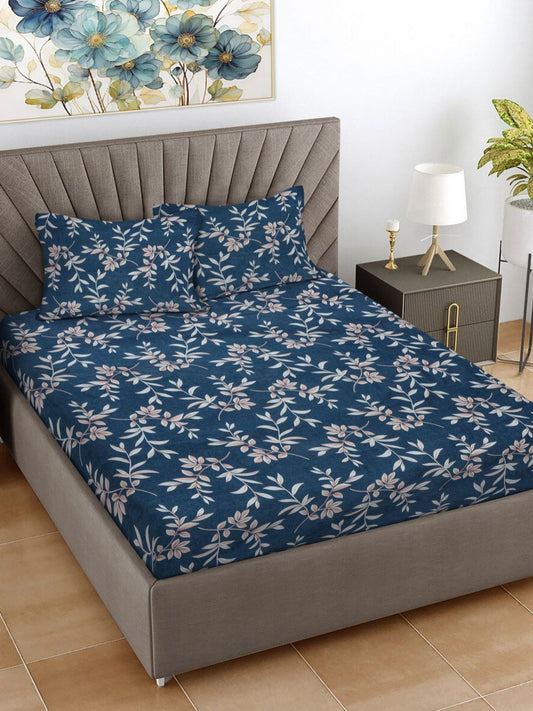 Rangloom Fabrics Blue Floral 300 TC Double King Bedsheet With 2 Pillow Covers