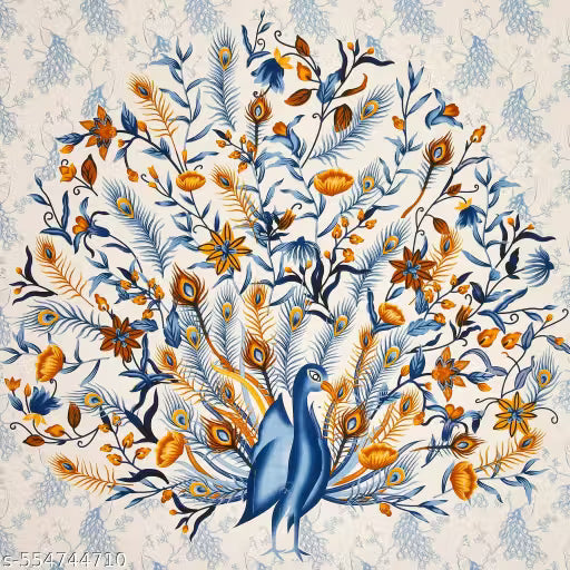 Rangloom Fabrics Dancing Peacock Blue Floral Cotton 250 TC Queen Fine Bedsheet with 2 Pillow Covers