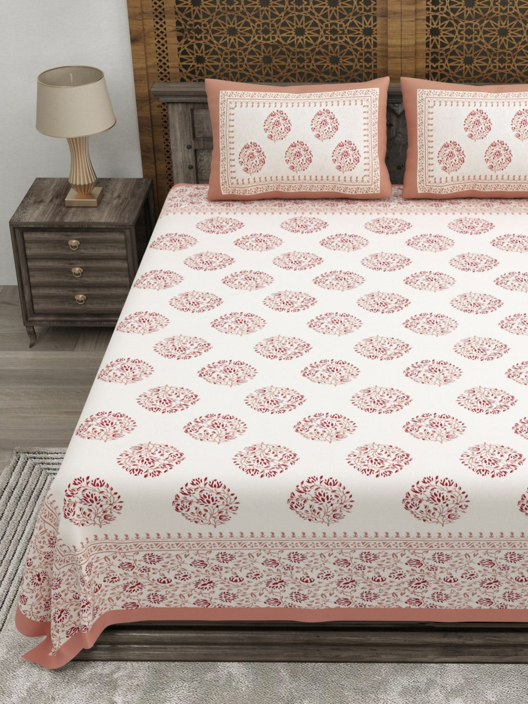 Rangloom Fabrics Peach Floral Cotton 180 TC King Fine Bedsheet with 2 Pillow Covers