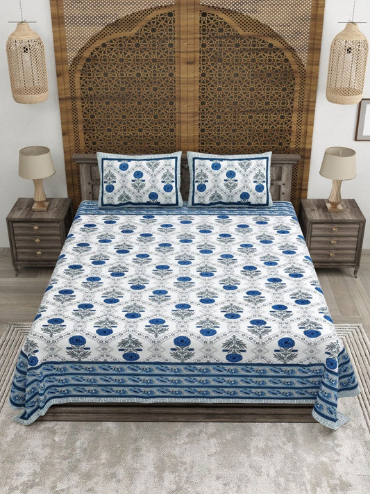 Rangloom Fabrics Blue Floral Pure Cotton 180 TC King Fine Bedsheet with 2 Pillow Covers