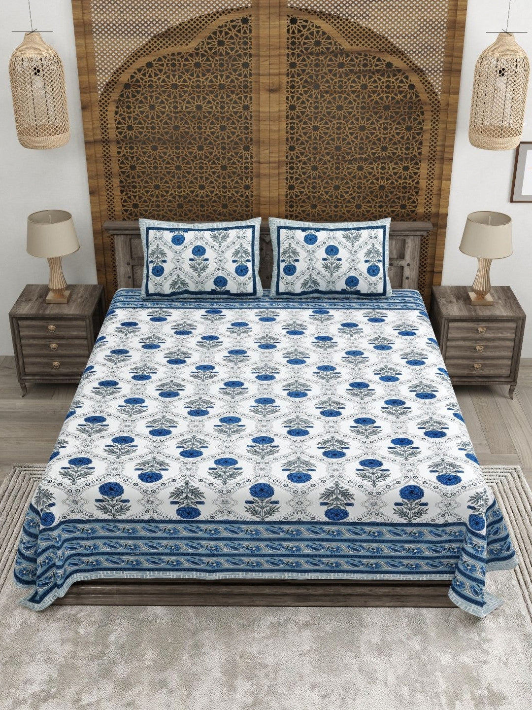 Rangloom Fabrics Blue Floral Pure Cotton 180 TC King Fine Bedsheet with 2 Pillow Covers