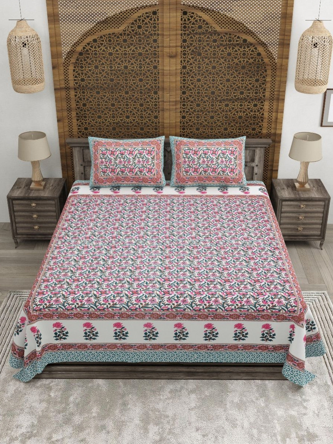 Rangloom Fabrics Green Floral Pure Cotton 180 TC King Fine Bedsheet with 2 Pillow Covers-275 x 225 cm