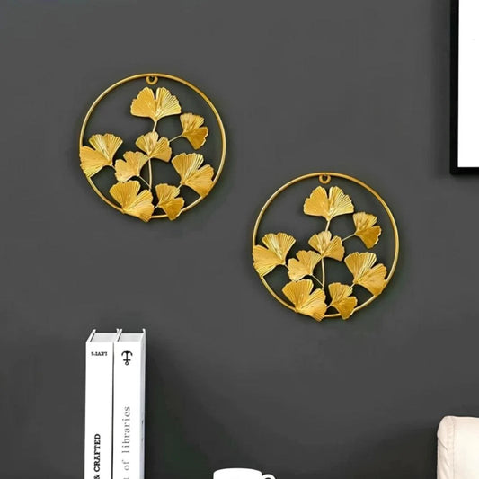 Golden Ginkgo Wall Art Round Metal Decor Pieces – Set of 2