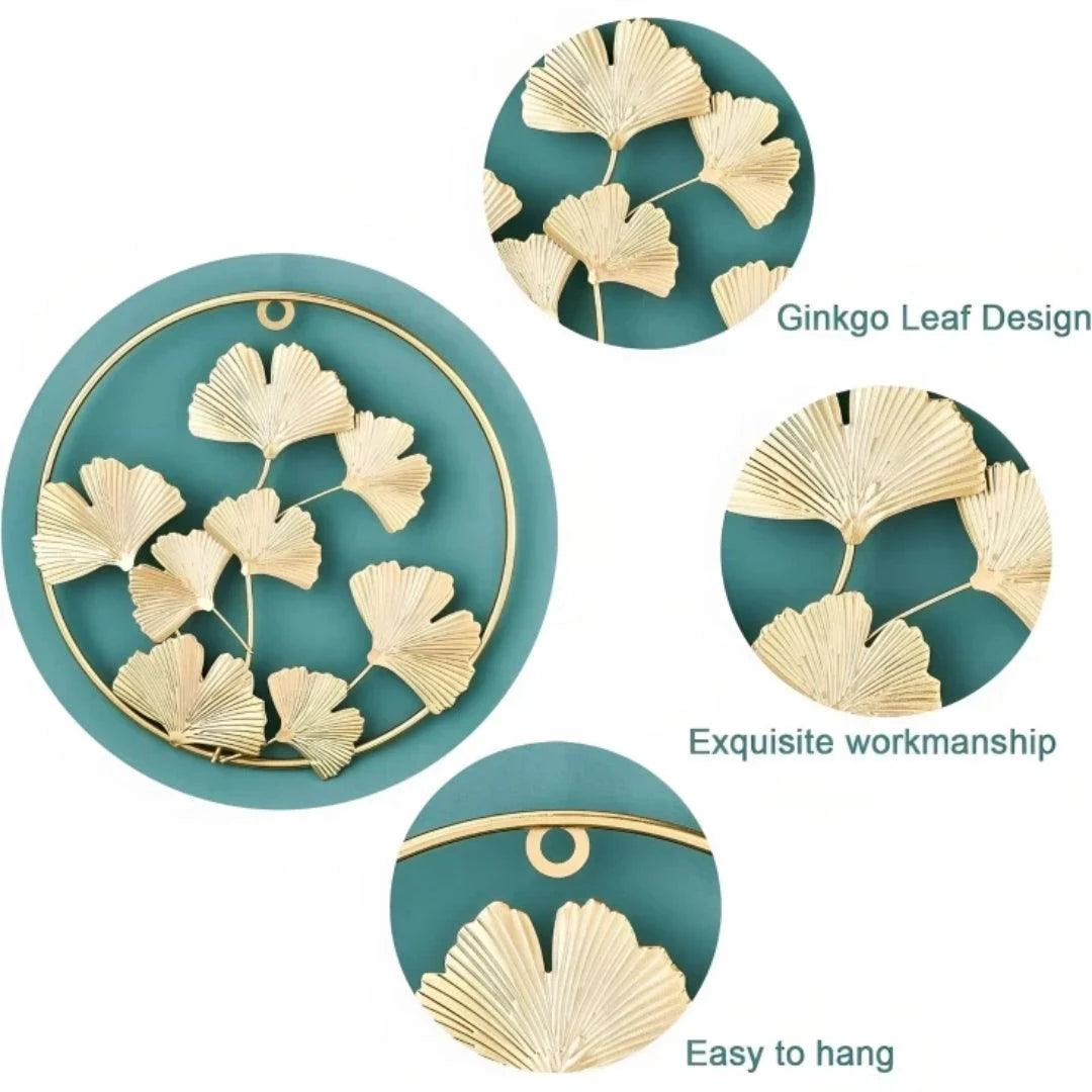 Golden Ginkgo Wall Art Round Metal Decor Pieces – Set of 2