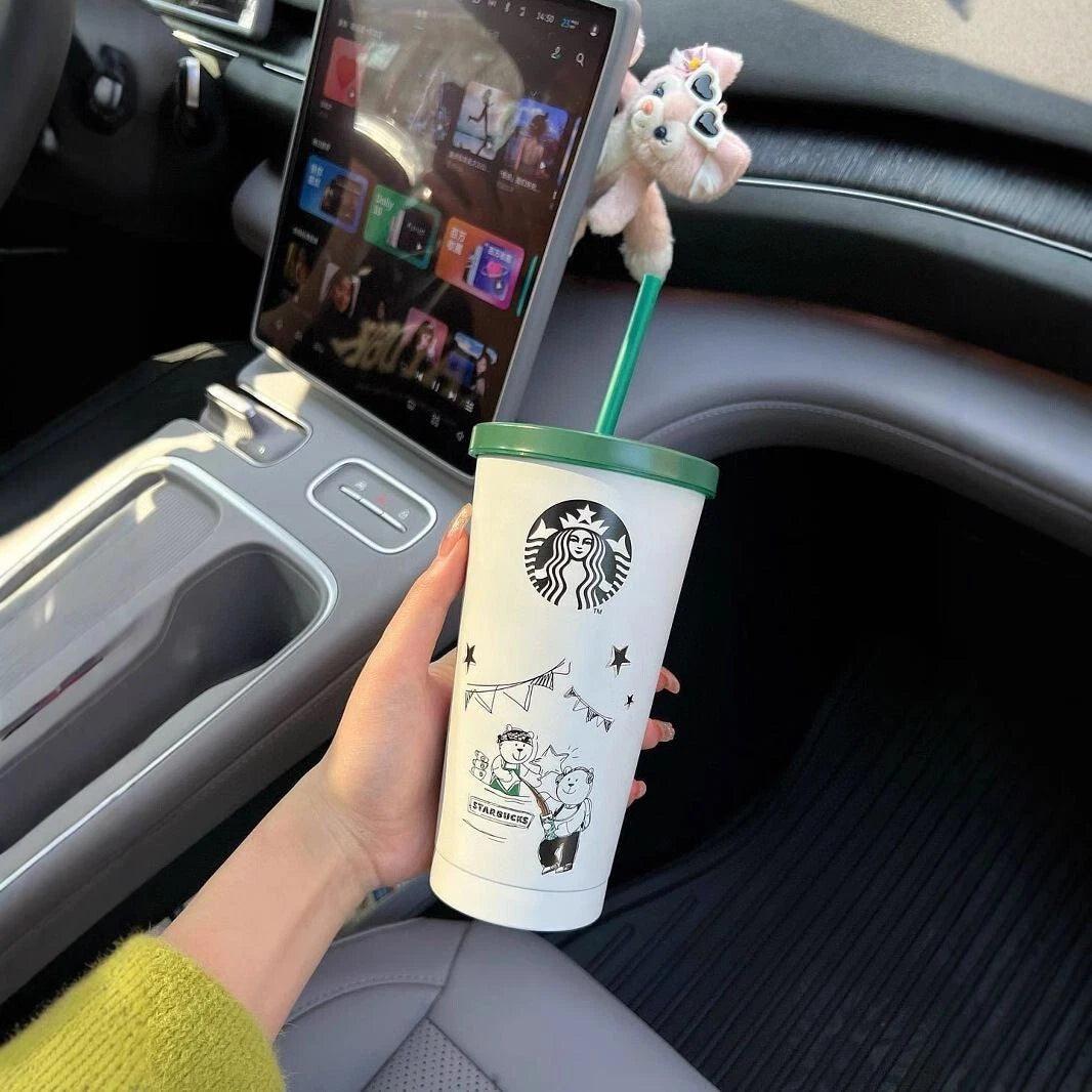 Starbucks Doodle Edition Stainless Steel Tumbler – 700ML with Green Lid & Straw