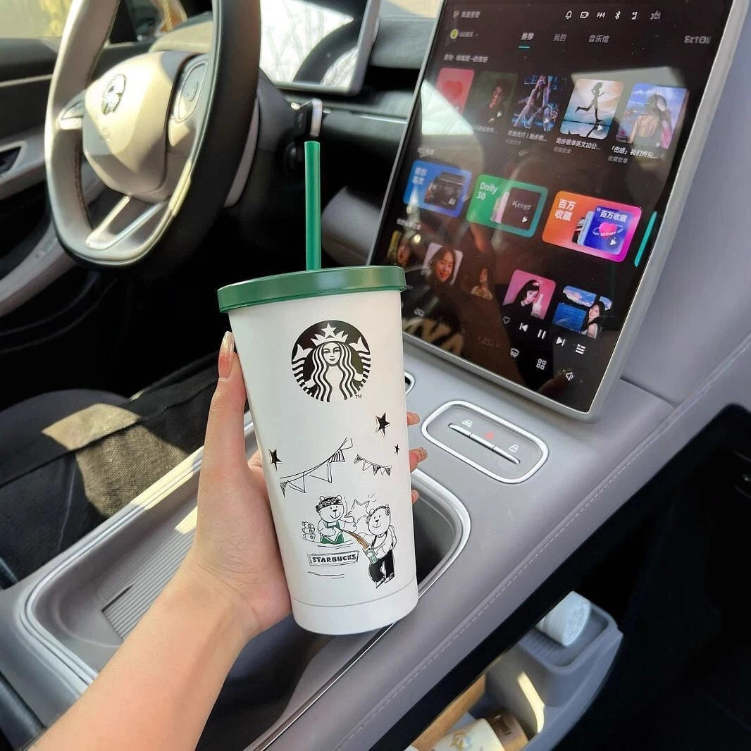 Starbucks Doodle Edition Stainless Steel Tumbler – 700ML with Green Lid & Straw