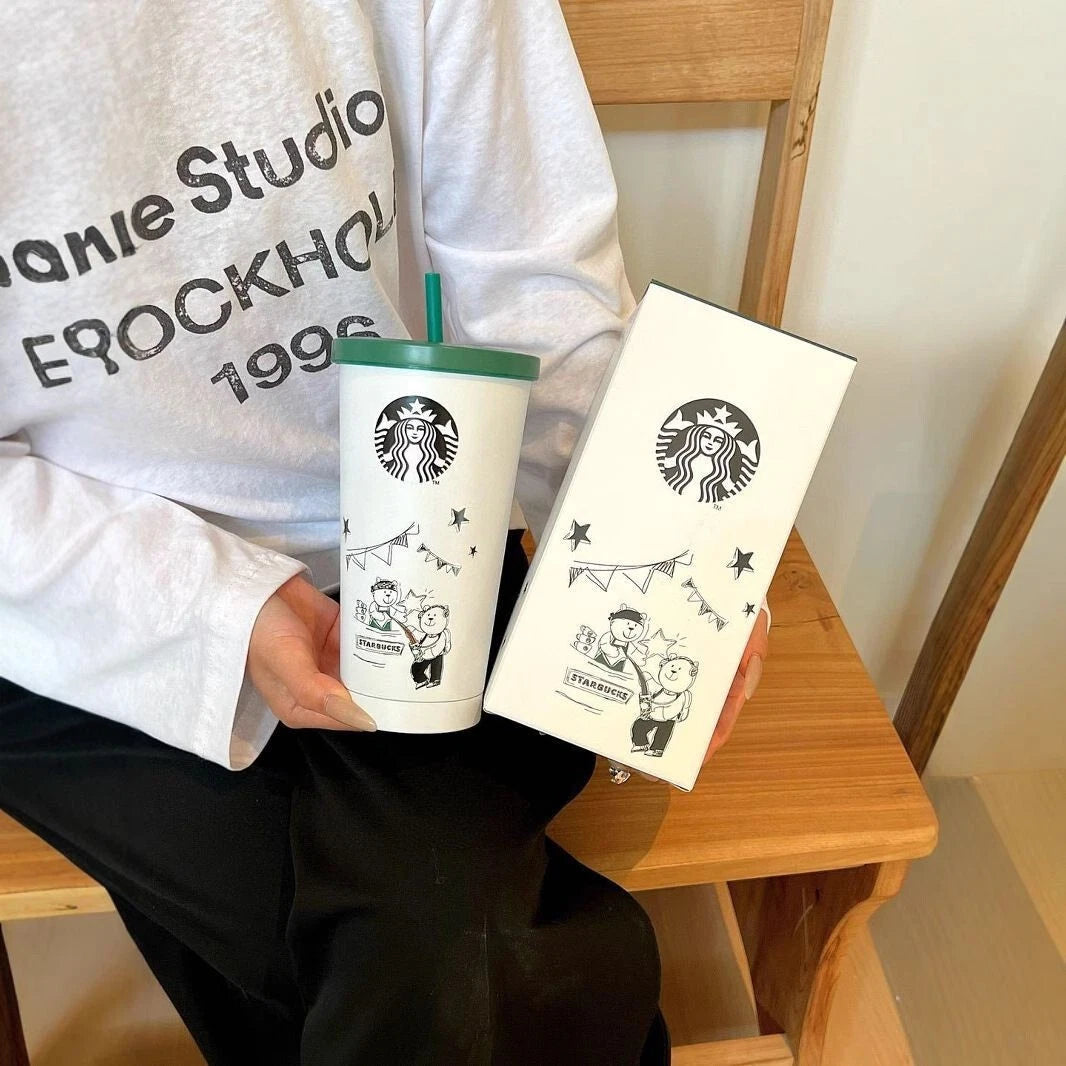 Starbucks Doodle Edition Stainless Steel Tumbler – 700ML with Green Lid & Straw