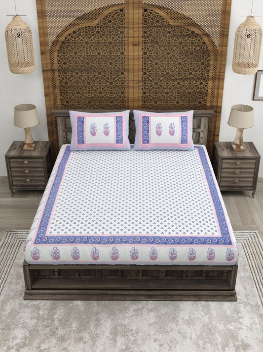 Rangloom Fabrics Blue Floral Pure Cotton 180 TC King Fine Bedsheet with 2 Pillow Covers-108 x 89 inches