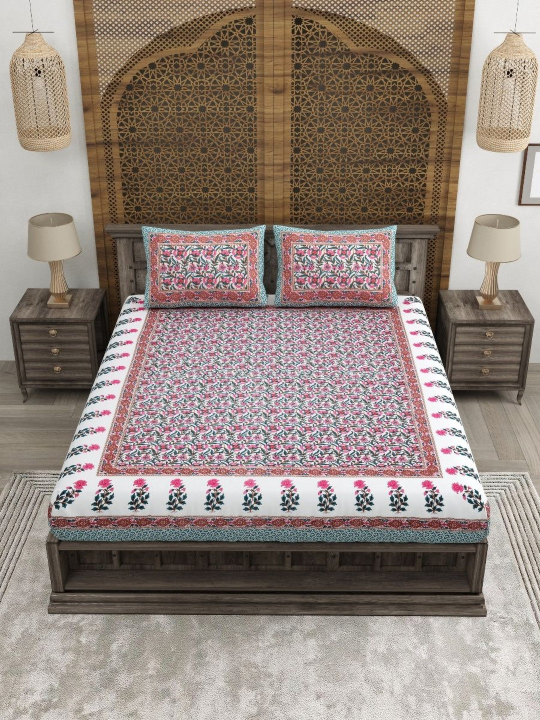 Rangloom Fabrics Green Floral Pure Cotton 180 TC King Fine Bedsheet with 2 Pillow Covers-275 x 225 cm