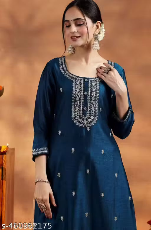 Rani Raiment Women Embroidered Silk Blend Straight Kurta