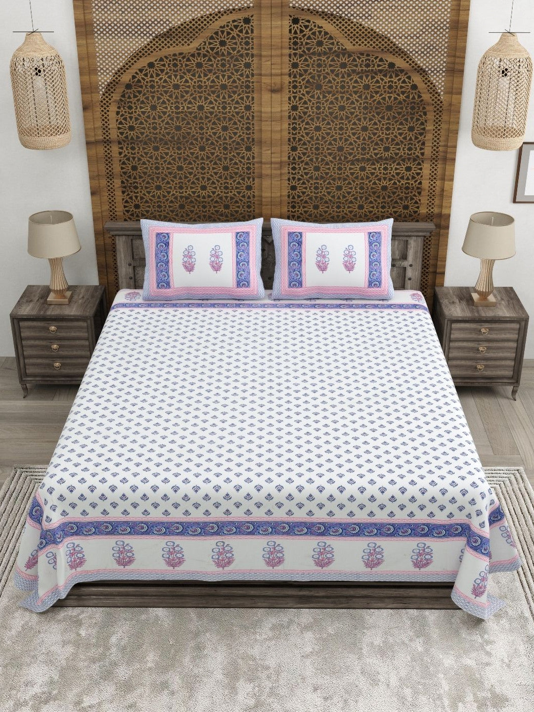 Rangloom Fabrics Blue Floral Pure Cotton 180 TC King Fine Bedsheet with 2 Pillow Covers-108 x 89 inches