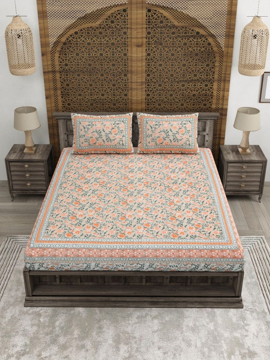 Rangloom Fabrics Orange Floral Pure Cotton 180 TC King Fine Bedsheet with 2 Pillow Covers-108 x 89 inches