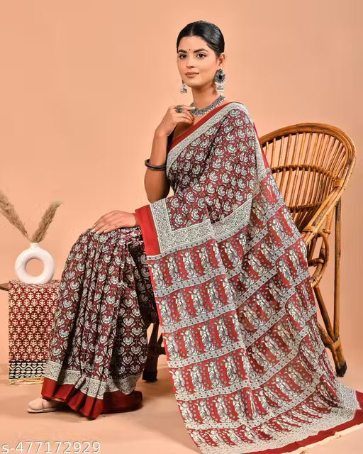 Bagru Hand Block Printed Soft Cotton Mulmul Saree