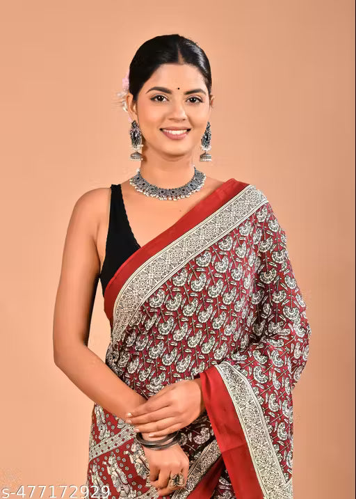 Bagru Hand Block Printed Soft Cotton Mulmul Saree
