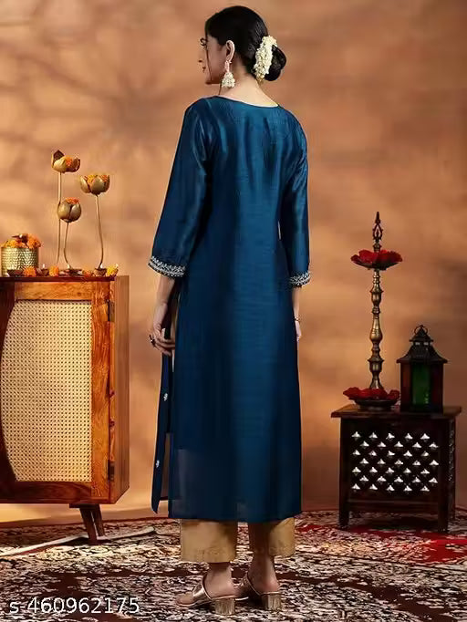 Rani Raiment Women Embroidered Silk Blend Straight Kurta